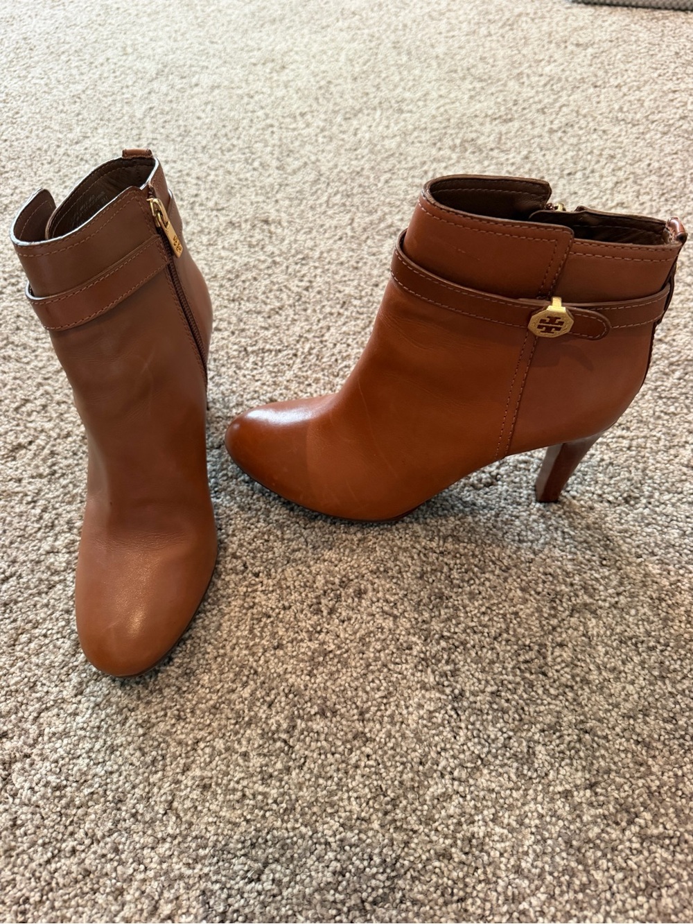 Tory Burch Cognac Leather Ankle Booties with Gold Logo